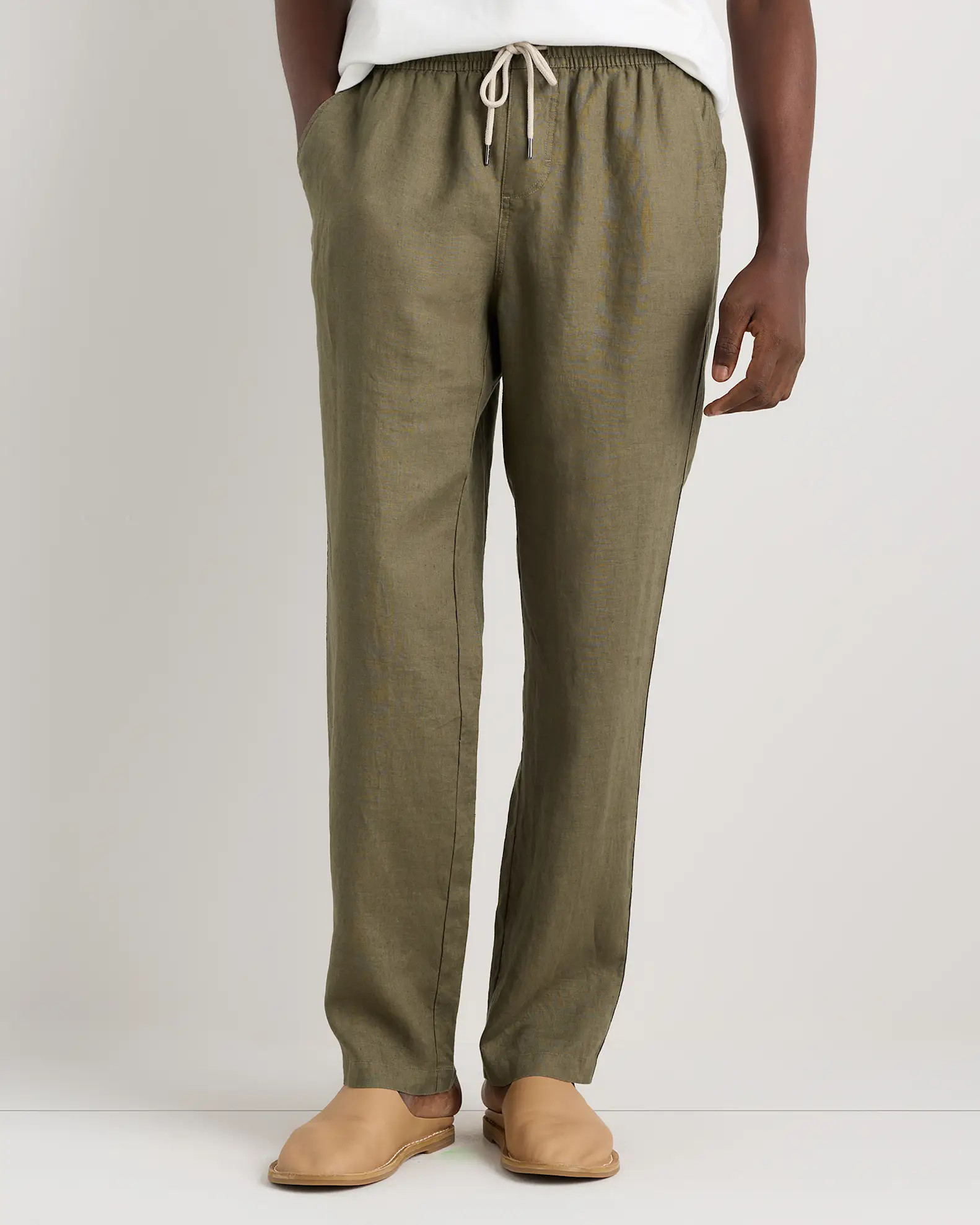 100% European Linen Drawstring Beach Pants in Bayberry Olive | Quince