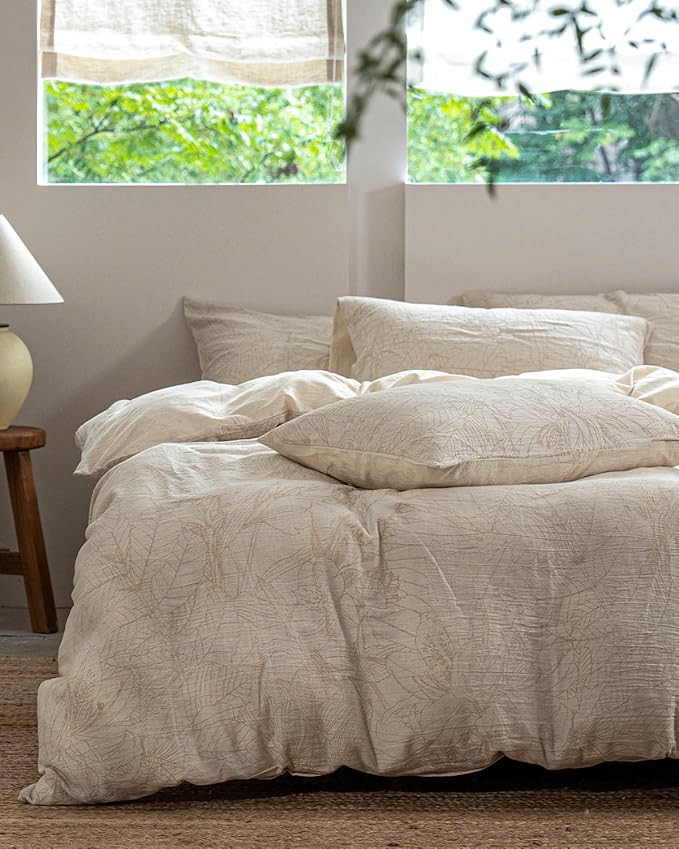 MILDLY Linen Cotton Duvet Cover - Jacquard Textured Tropical Comforter Cover Set 3pcs with Zipper... | Amazon (US)
