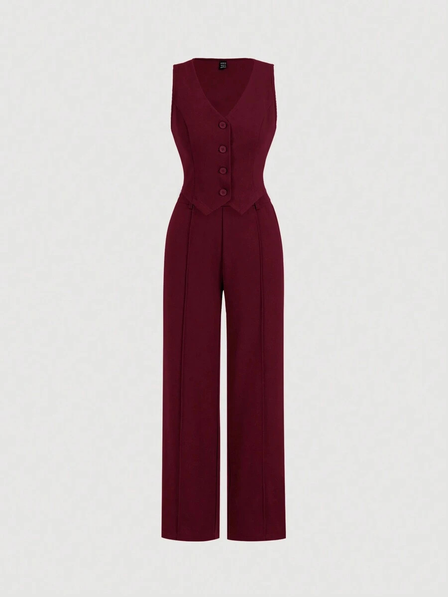 SHEIN MOD Burgundy Date Night Front Buckle V-Shaped Hem Solid Button Front Vest Jacket & Seam Fro... | SHEIN