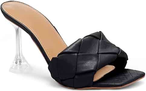 Amazon.com | Ermonn Women's Sexy Heels Woven Sandals Slip On Square Open Toe Mules Stiletto High ... | Amazon (US)