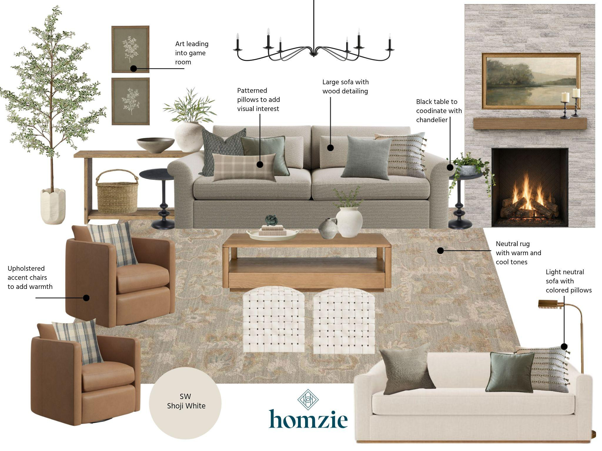This living room blends soft neutrals, light wood accents, and thoughtful layering to create a space that feels both comfortable and beautifully curated. A light wood coffee table and matching console table bring cohesion throughout the room, while leather swivel chairs add warmth and texture. Blue and green accent pillows provide a subtle pop of color, and a framed TV paired with black candle holders on the mantel helps create a more polished, designer-inspired focal point.

A space designed to feel welcoming, timeless, and effortlessly pulled together. 🏡 

 #LTKHome #ModernFarmhouse #LivingRoomDesign #HomeDecor #NeutralHome #FarmhouseStyle #LivingRoomInspo #InteriorDesign #CozyHome