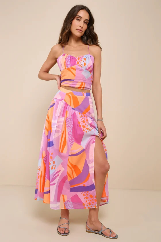 Summery Getaway Pink Multi Abstract Print High Rise Midi Skirt | Lulus