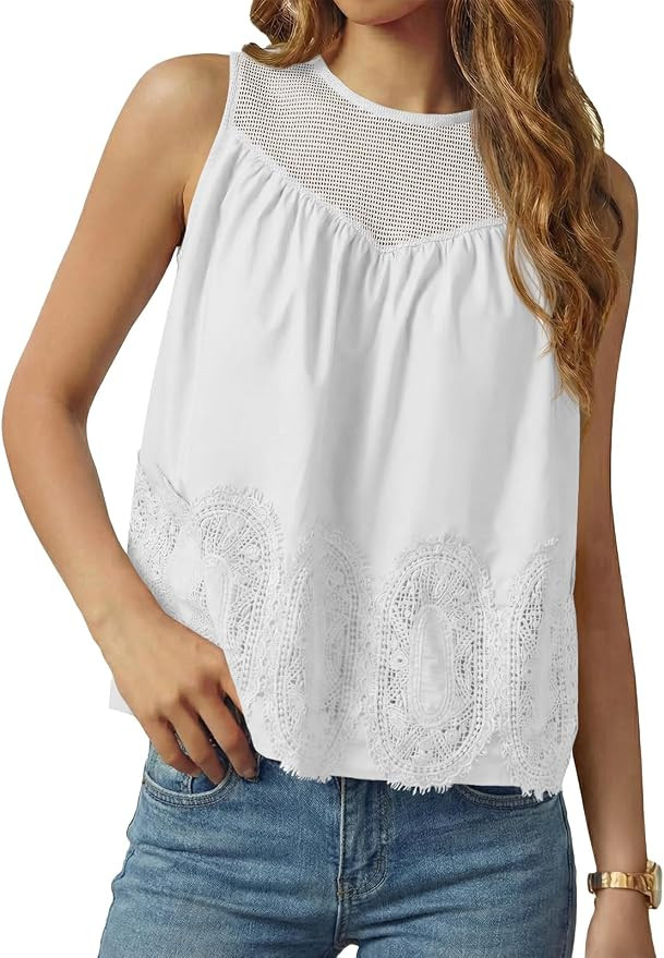 Tankaneo Womens Lace Tank Tops Summer Casual Mesh Loose Fit Sleeveless Blouses Pleated Crew Neck ... | Amazon (US)