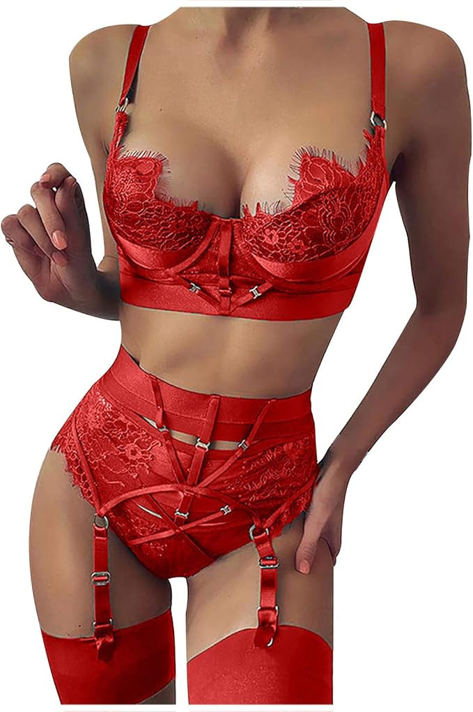Sexy Lingerie for Women Lace Temptati Garter Belt 3 Piece Underwear Set | Amazon (US)