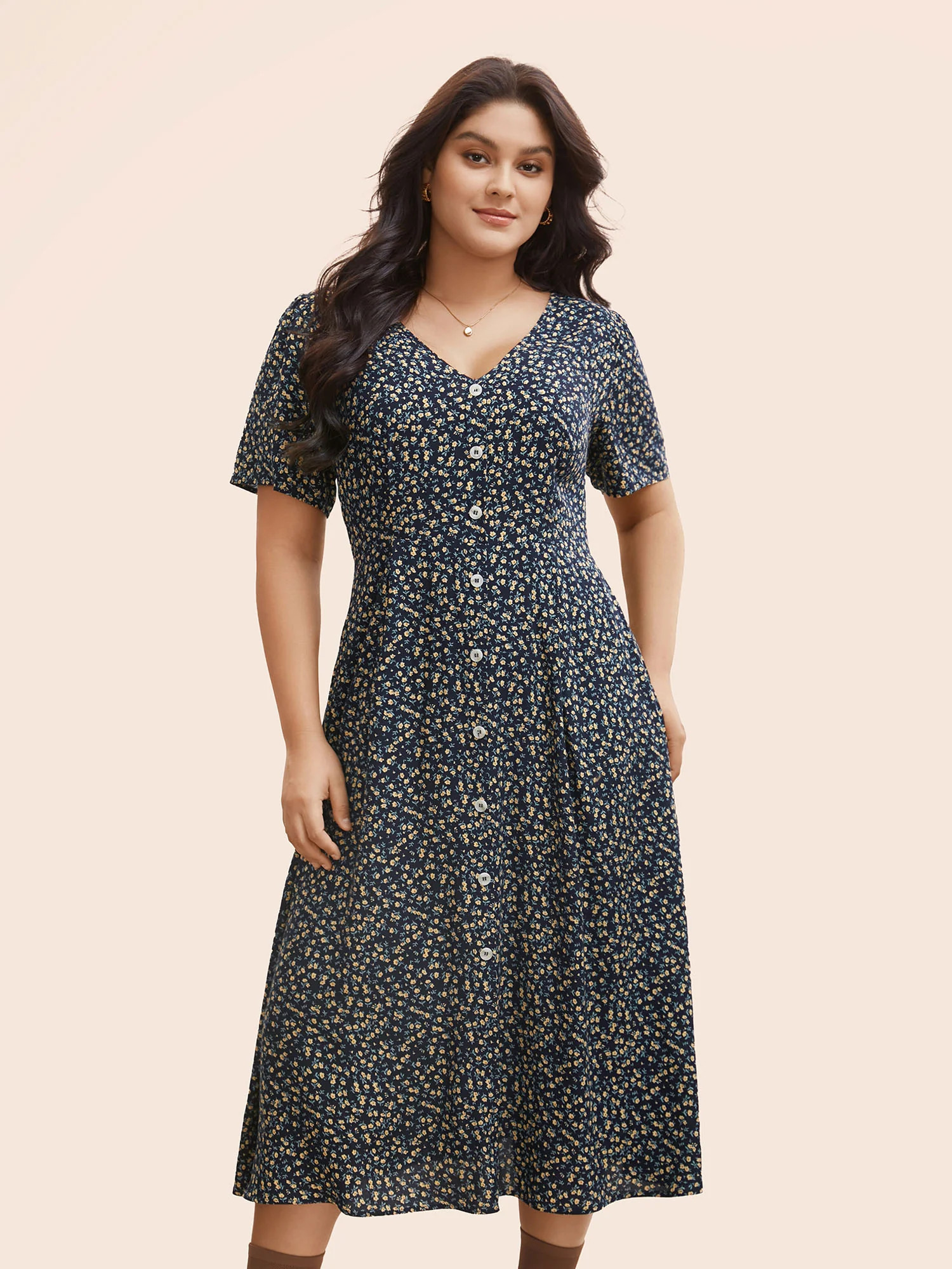 Ditsy Floral Button Detail Elastic Waist Midi Dress | Bloomchic
