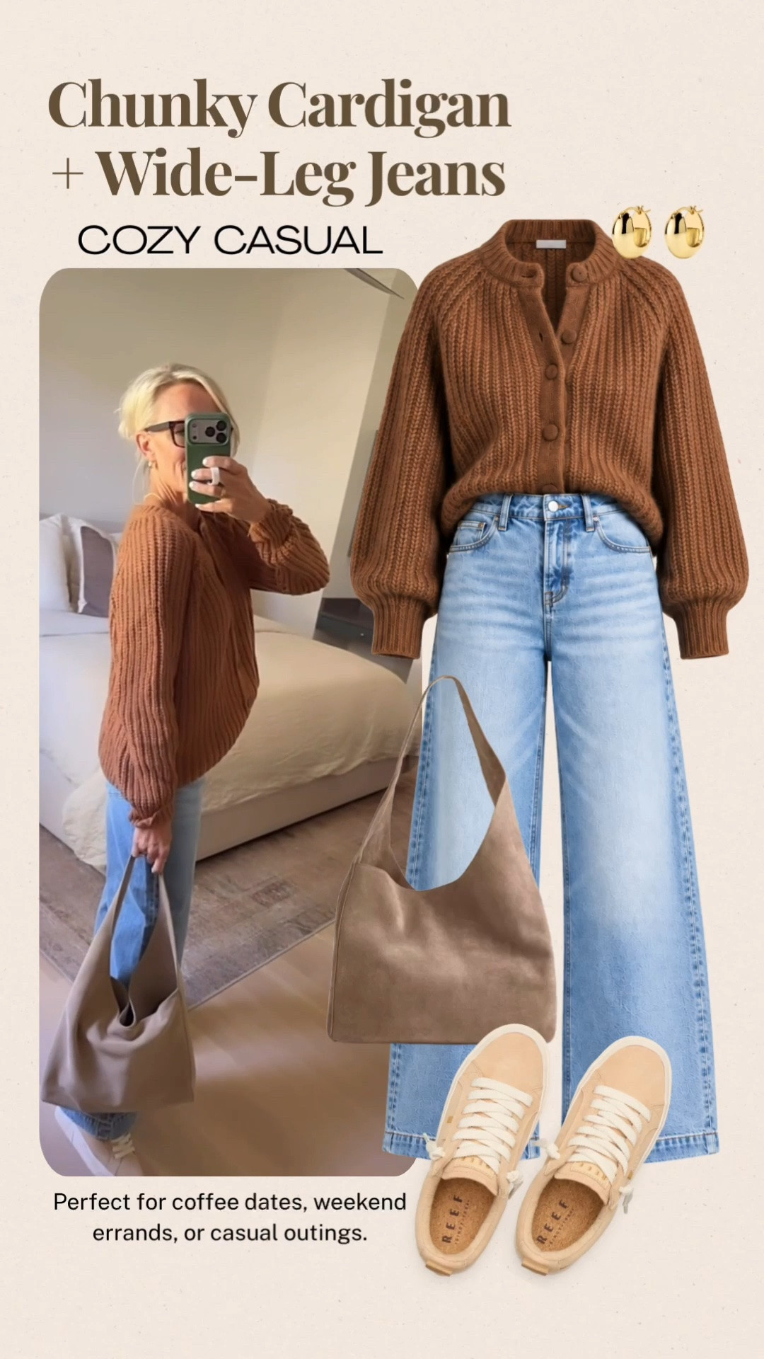 This chunky brown cardigan and wide-leg jeans are such a cozy combination for everyday wear. I love the rich, warm color and textured knit paired with light-wash denim, it feels relaxed but still pulled together. Add neutral sneakers and a simple taupe bag for coffee dates, weekend errands, or casual outings.
