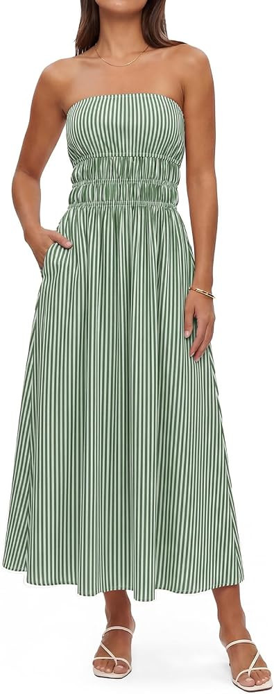 Waist Wow Women Striped Strapless Maxi Dress Casual Smocked Tube Top Long Dresses Beach Vacation ... | Amazon (US)