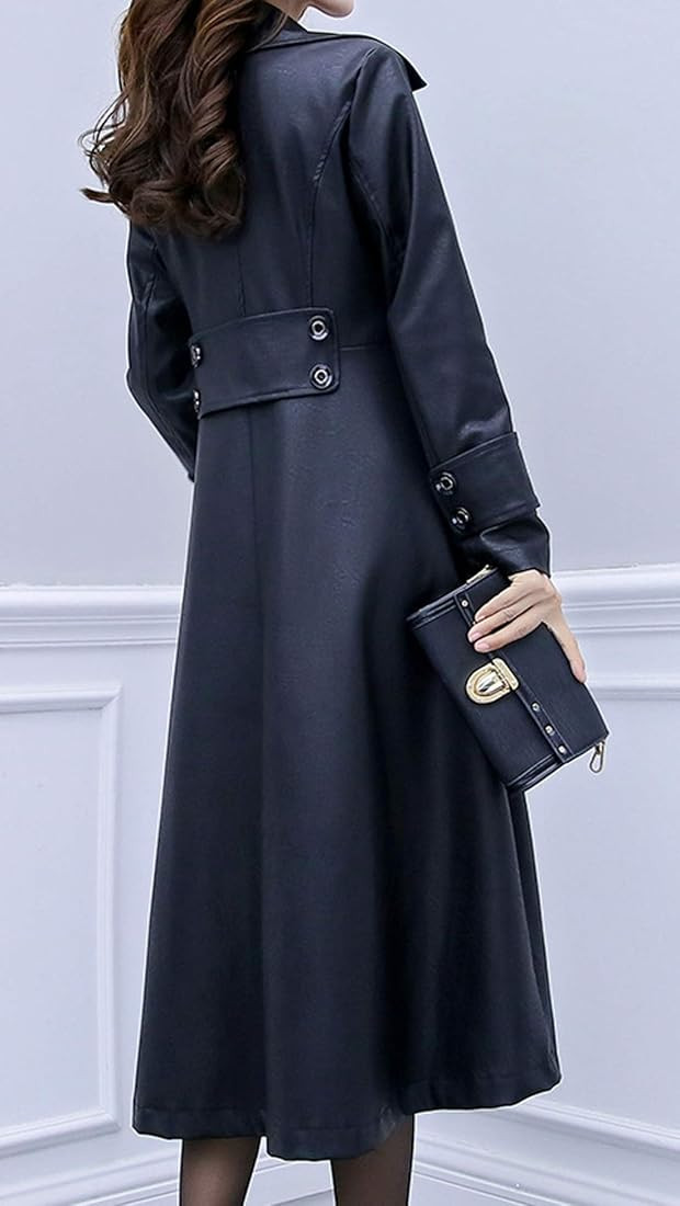 ebossy Women's Elegant Lapel Collar 2 Button Fit-Flare Pu Leather Long Trench Coat | Amazon (US)