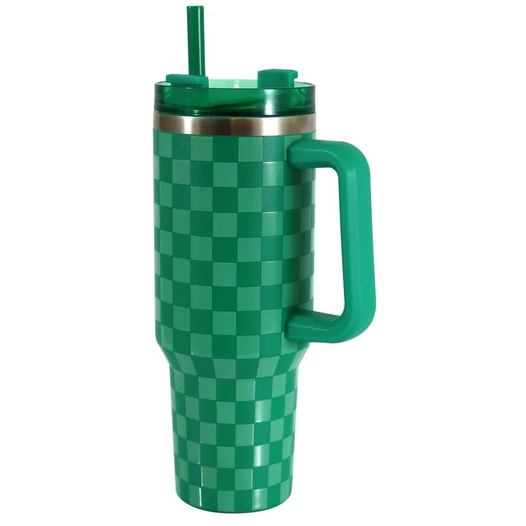 Mainstays 40 oz Stainless Steel Tumbler with Straw and Handle, Double Wall Insulated, Green Check | Walmart (US)