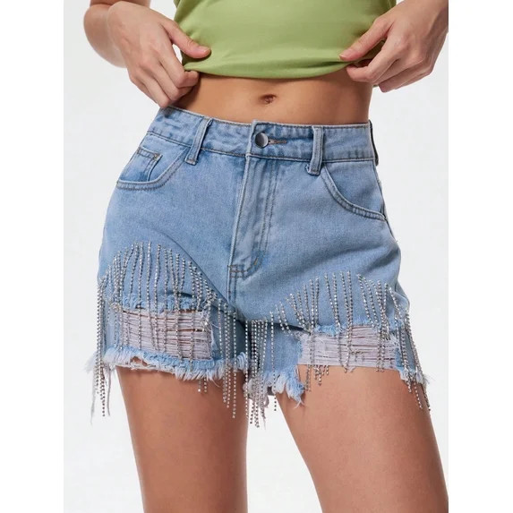EMMIOL Women's Mid-Low Rise Distressed Denim Shorts - Rhinestones Fringe Summer Jorts | Walmart (US)