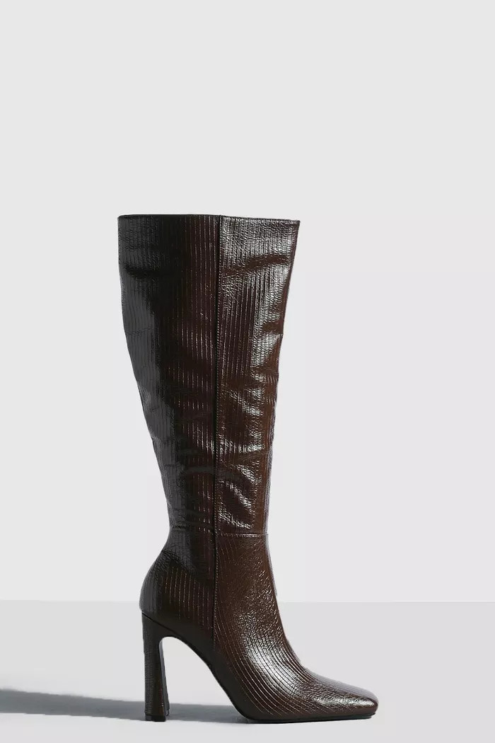 Square Toe Flared Heel Knee High Boots | boohoo (US & Canada)