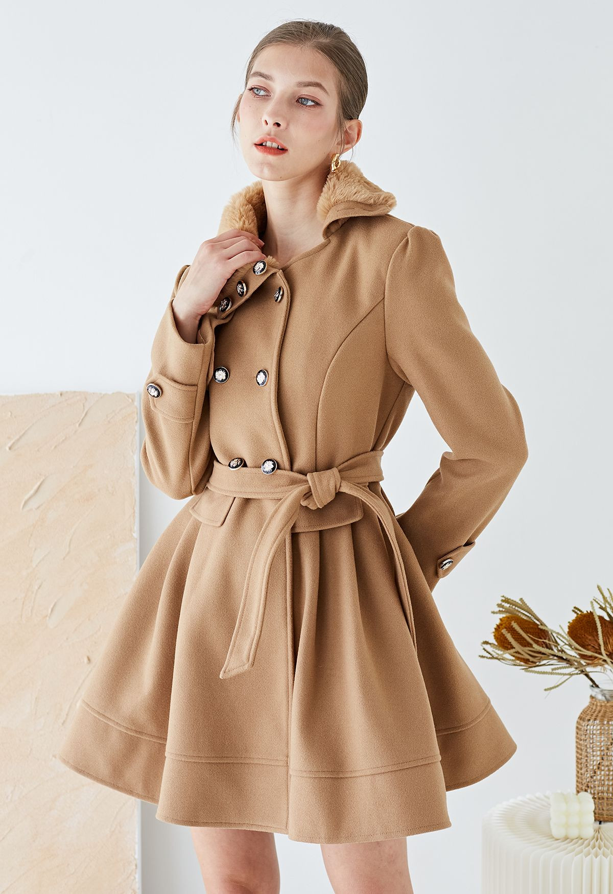 Faux Fur Collar Double-Breasted Skater Coat in Tan | Chicwish