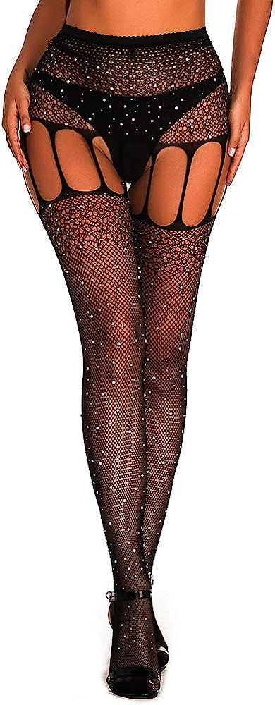 AROOMVE Sparkle Rhinestone Stockings Women Sexy Crystal Pantyhose Fishnet Tights | Amazon (US)