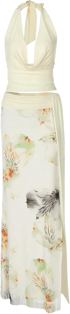 Women's 2 Piece Beach Party Outfits Tie Backless Halter Crop Top and Floral Maxi Skirt Cocktail S... | Amazon (US)