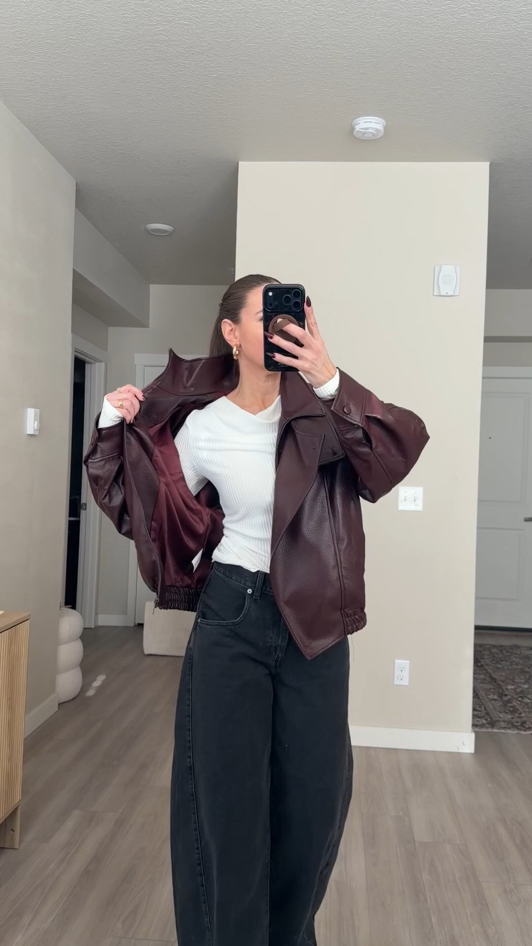 Jacket comes in three colors.  Linking exact one and also the black color . I’m 5’7 wearing medium 



#coolgirlstyle #funnelneckjacket #burgundyjacket