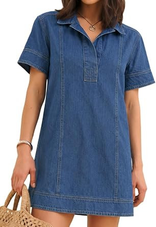 SUNNOW Women's Denim Mini Dress Short Sleeve Collared Neckline Seam Detail Casual Summer Dress | Amazon (US)