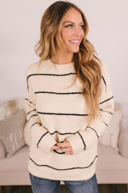 Crew Neck Striped Sweater - Cream/Black - FINAL SALE | Magnolia Boutique