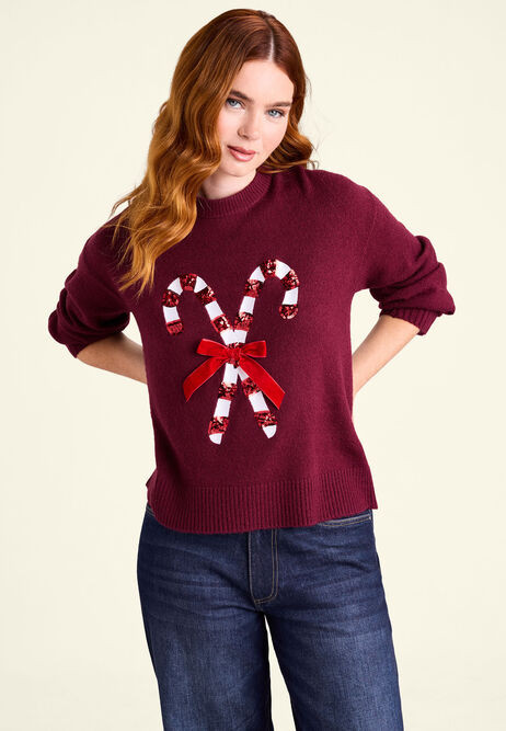 Womens Burgundy Sequin Candy Cane Christmas Cardigan | Peacocks