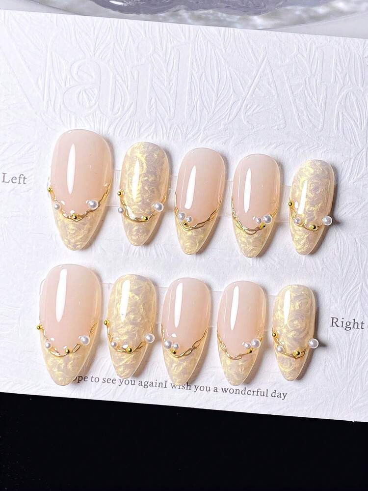 £4.44£5.78-23%10Pcs Elegant Faux Pearl Chain French Glitter Golden Spiral Handmade Nail Sticker... | SHEIN