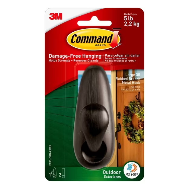 Command Large Sized Outdoor Forever Classic Metal Decorative  Hook with Foam Strips Bronze | Target