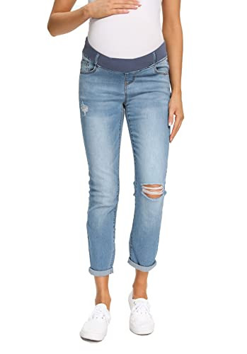 Foucome Women's Maternity Jeans Stretch Ripped Boyfriend Jeans Pregnancy Denim Pants with Pockets(Blue, S) | Amazon (US)
