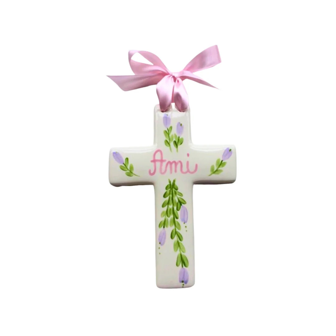 Large Pink Cross With Lavender Flowers Hand Painted Personalized Baby Gift Christening Baptism Fi... | Etsy (US)