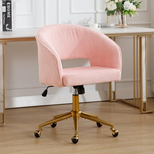 ABET Desk Chair with Wheels, Corduroy Home Office Chair, Swivel Armchair Gold Base, Upholstered Modern Accent Chairs, Back Incline Adjustable for Living Room Bedroom Vanity, Pink | Amazon (US)