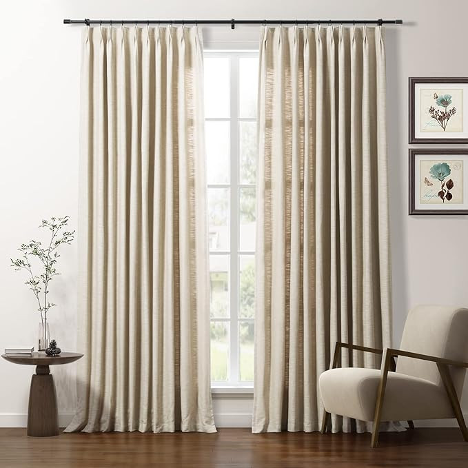 TWOPAGES 96 Inches Long Cotton Curtain with Hooks, Beige Pinch Pleated Cotton Drape Lined Room Da... | Amazon (US)