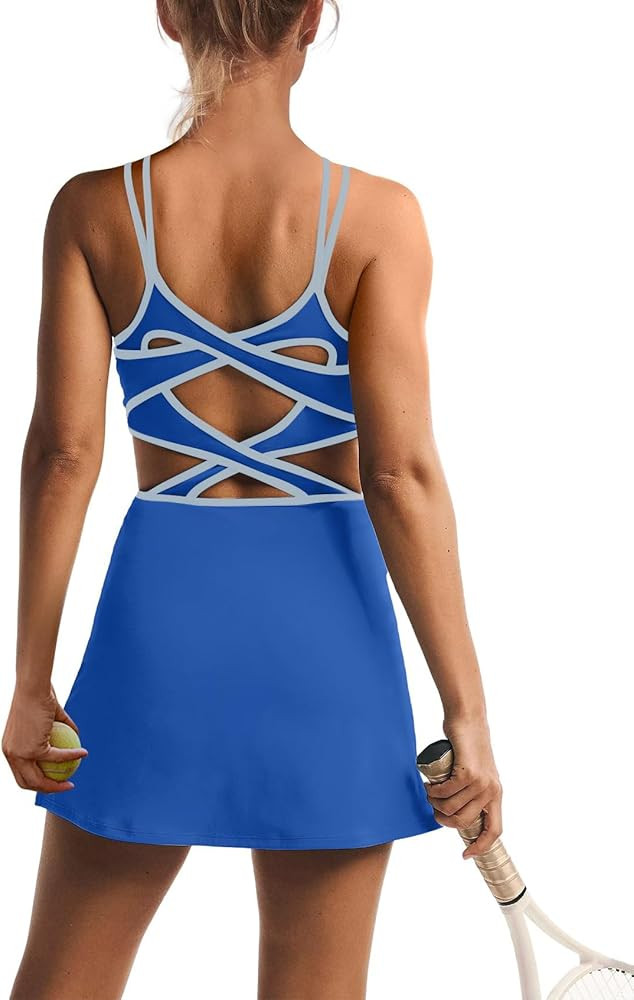 ReachMe Womens Fashion Tennis Dress Workout Dresses with Built in Shorts and Bra Athletic Romper ... | Amazon (US)