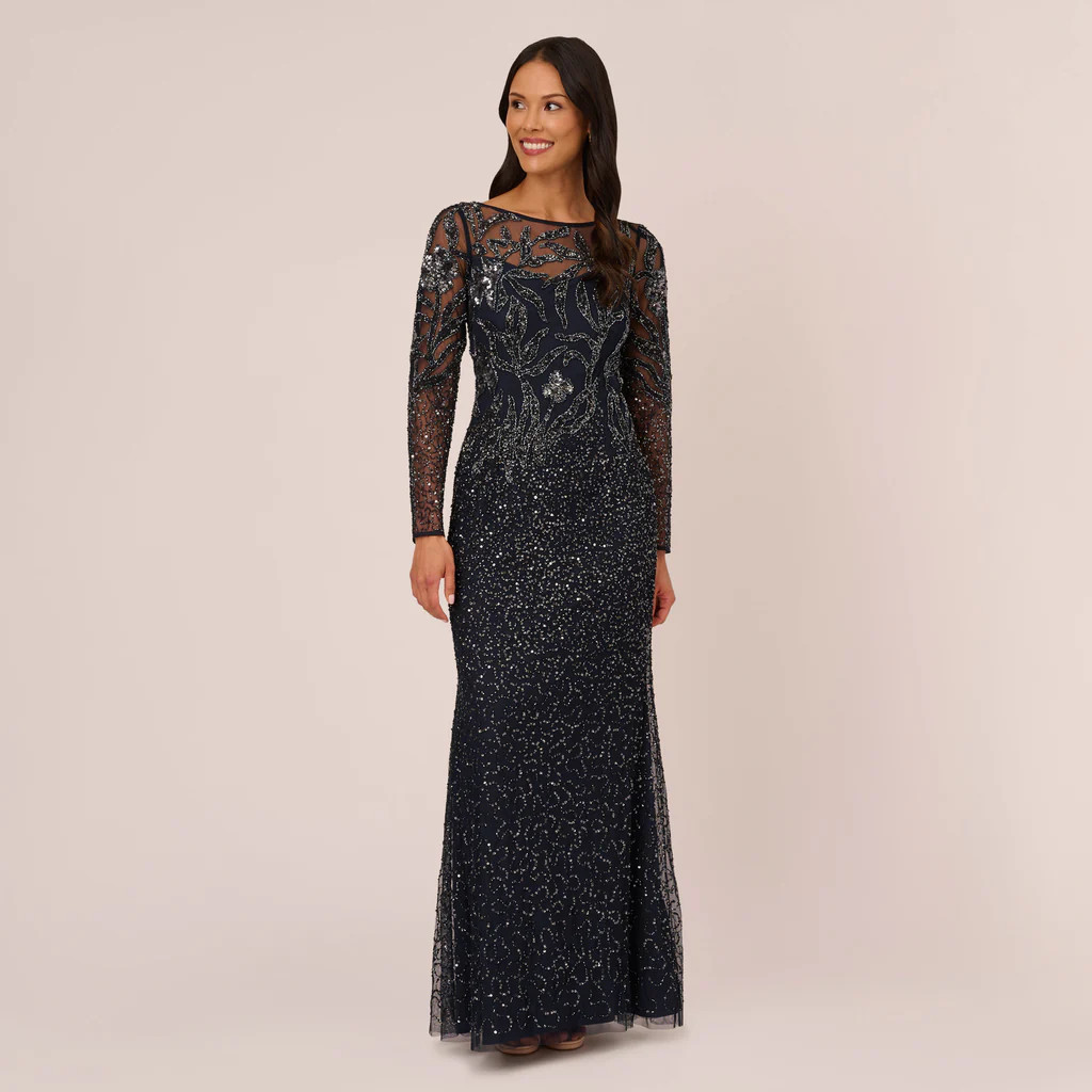 Floral Beaded Dress With Sheer Long Sleeves In Midnight | Adrianna Papell