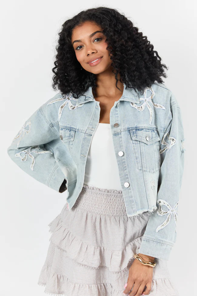Seasonal Ties Light Wash Bow Detail Denim Jacket | Pink Lily