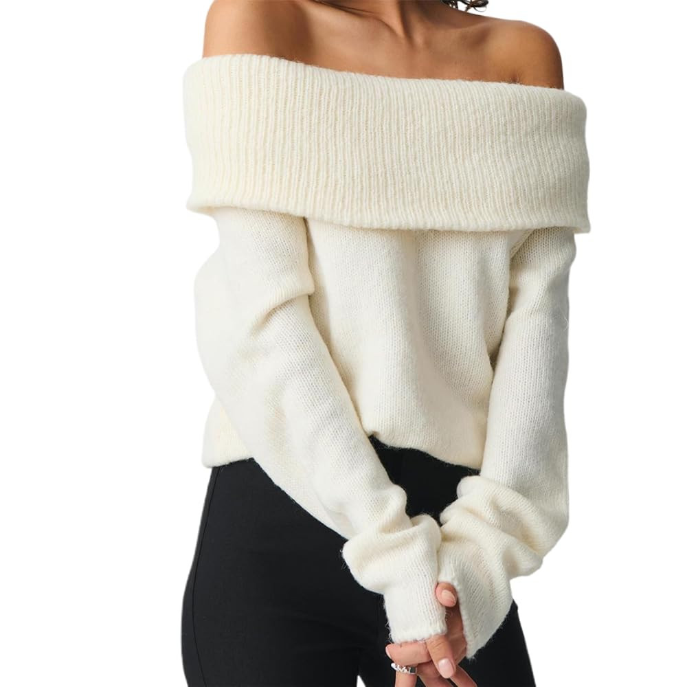 Women Off Shoulder Sweaters Solid Long Sleeve Knitted Blouses Trendy Slim Fitted Ribbed Knit Pull... | Amazon (US)