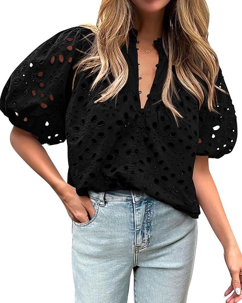 BTFBM Womens Casual Summer Blouse 2025 Hollow Out Eyelet Embroidery Tops V Neck Buttons Puff Shor... | Amazon (US)