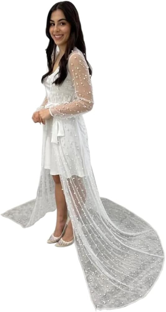 Pearl Long Sleeve Wedding Jacket Tulle Party Shawl BOLERO Floor-Length Bridal Cape Sexy pearl rob... | Amazon (US)