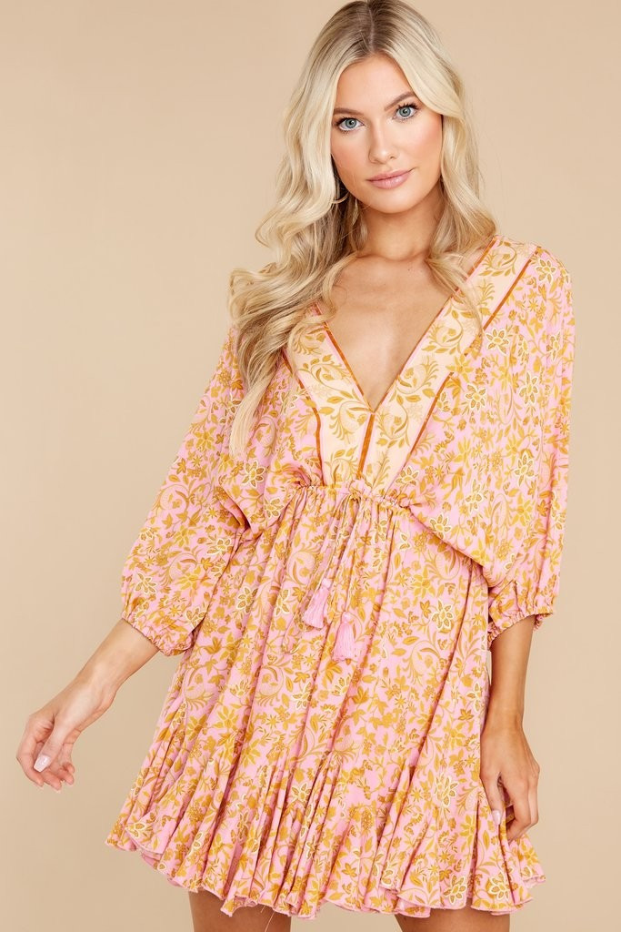 Golden Touch Peach Floral Print Dress | Red Dress 