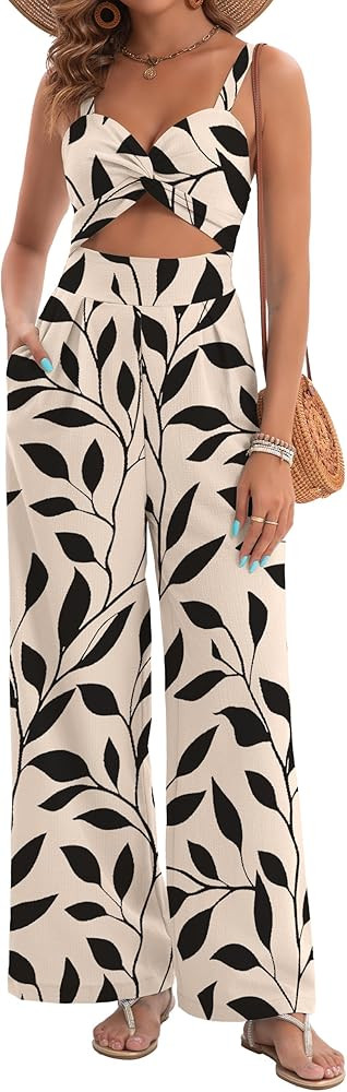 AGERWAY Womens Summer Jumpsuits Dressy Sexy V Neck Twist One Piece Outfits Sleeveless Casual Wide... | Amazon (US)