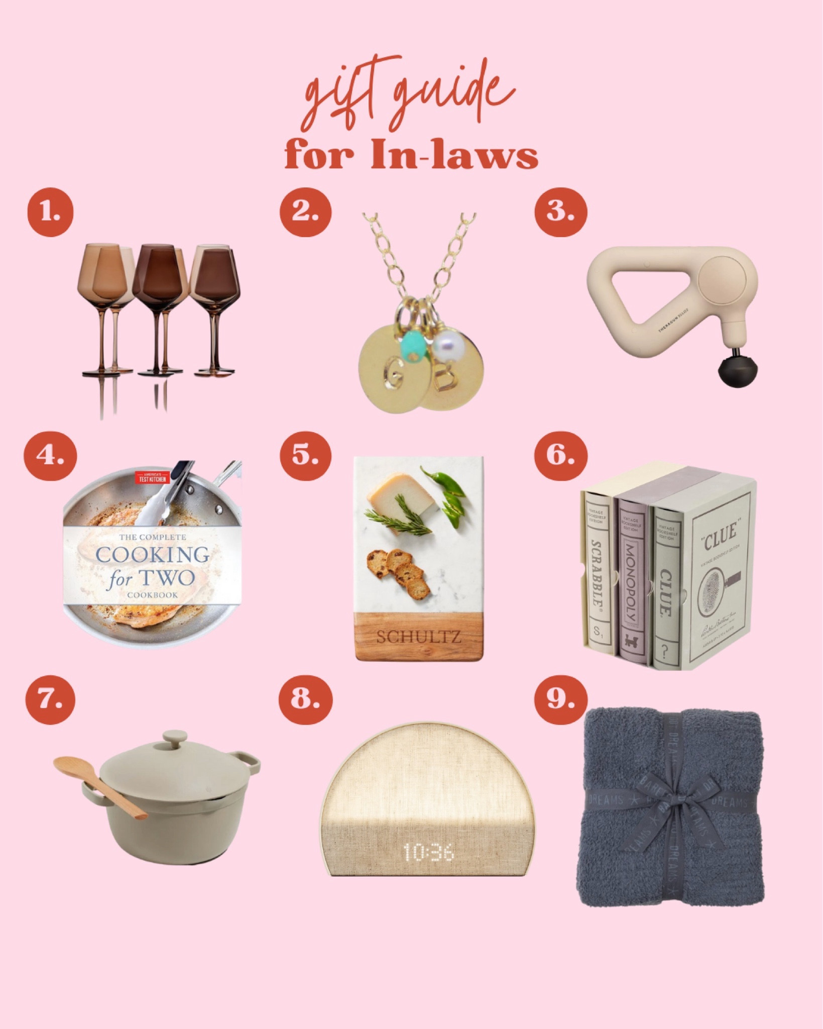 Gift guide for in-laws, wine glasses, stemware, initial necklace, personalized, cookbook, marble board, board games, game night, our place, always pot, hatch sound machine, barefoot dreams, blanket, socks, sweater 

#LTKSeasonal #LTKGiftGuide #LTKHoliday