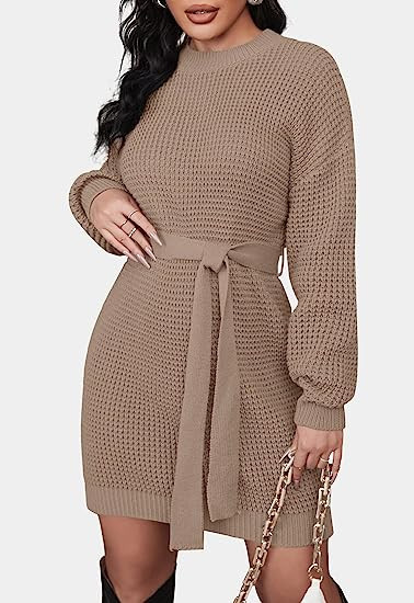 ZESICA Women's Long Sleeve Solid Color Waffle Knitted Tie Waist Tunic Pullover Sweater Dress | Amazon (US)
