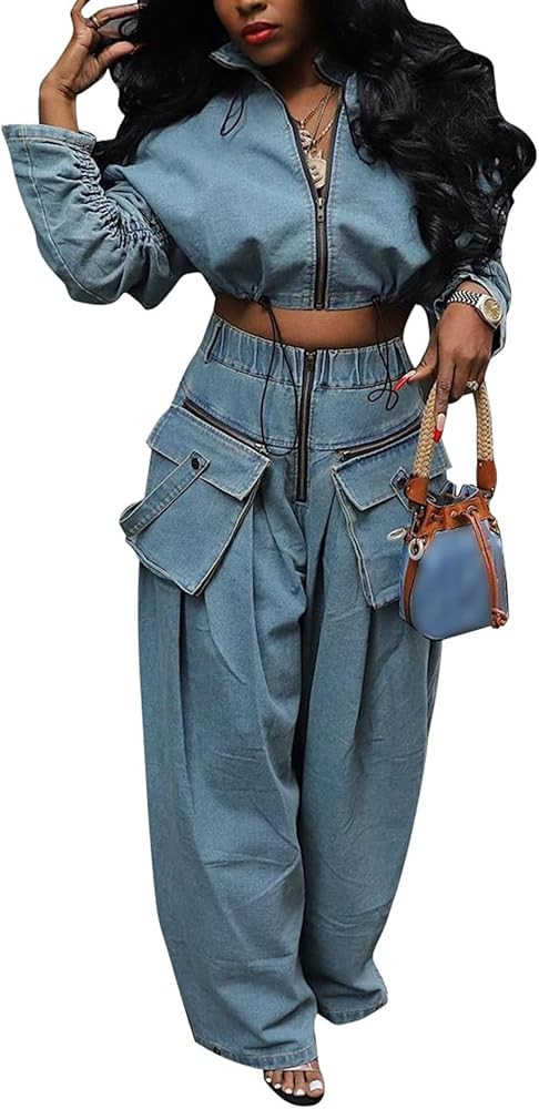 Tbahhir Womens 2 Piece Outfits Denim, Baggy Cargo Jeans and Long Sleeve Zipper Cropped Jackets Dr... | Amazon (US)