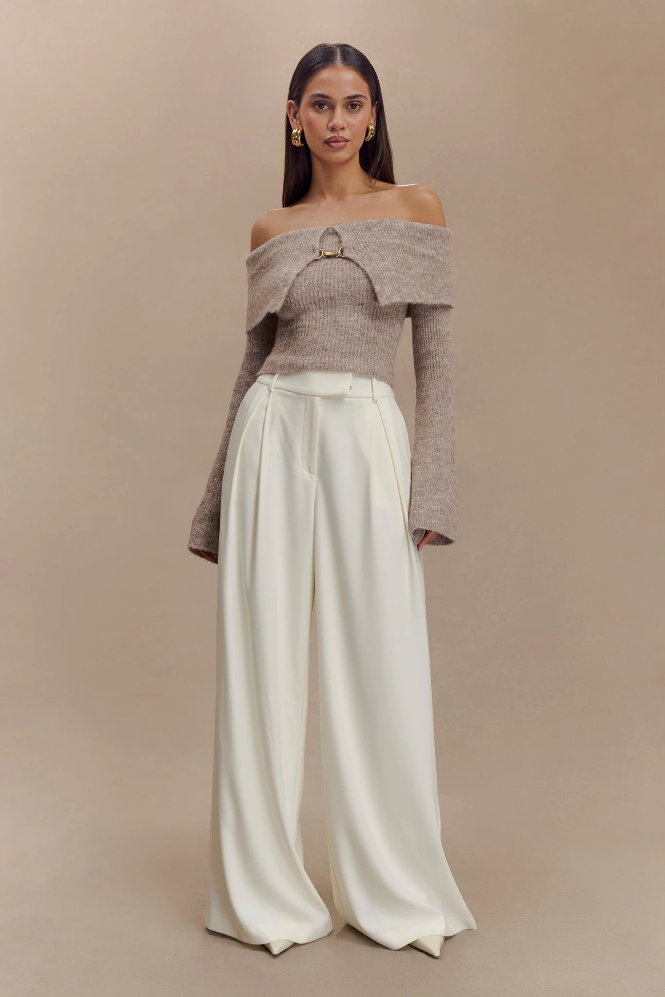Jacqueline Pleated Wide Leg Pants - Ivory | MESHKI US