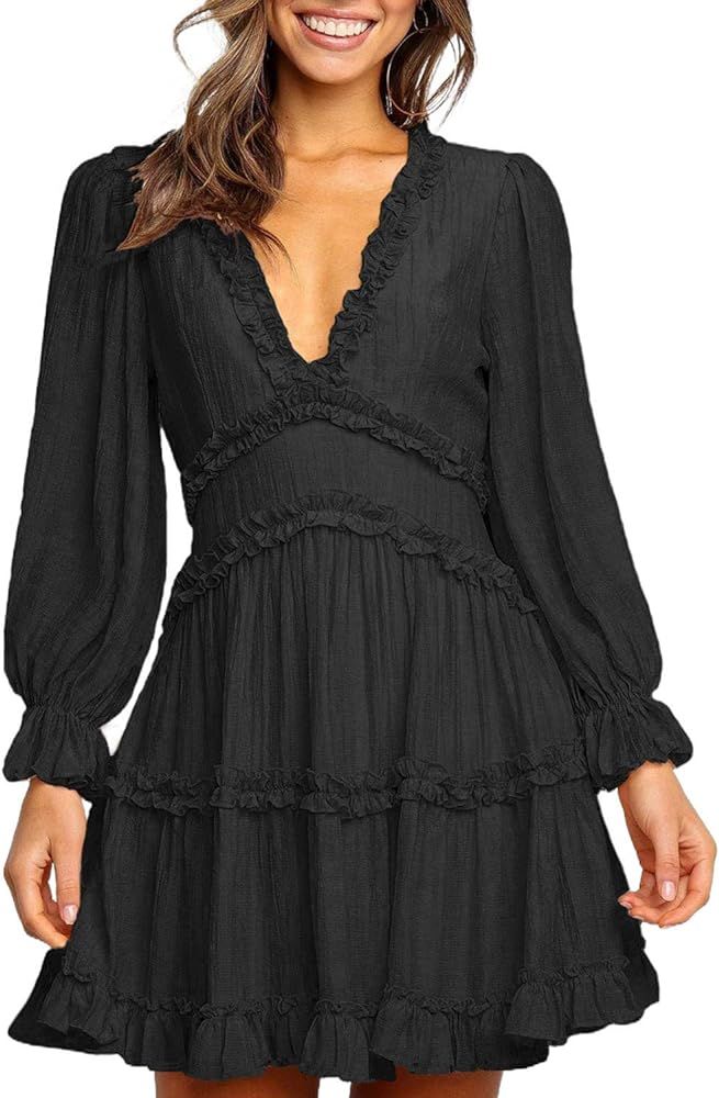Happy Sailed Women Long Sleeve Ruffle Layer Backless Swing Mini Dress S-XL | Amazon (US)