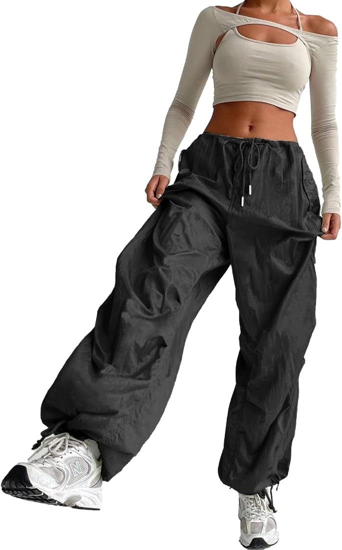 Women's Parachute Pants Drawstring Elastic Waist Sweatpants Loose Baggy Y2K Cargo Pants Trousers ... | Amazon (US)