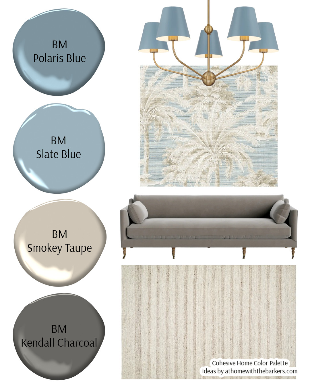 BM Polaris Blue, Slate Blue, Smokey Taupe, and Kendall Charcoal interior design board, DIY home decorating 

 #LTKHome #LTKSaleAlert