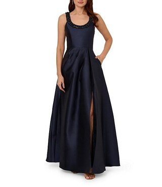 Adrianna Papell Beaded Neck Side Drape Mikado Gown | Dillard's | Dillard's