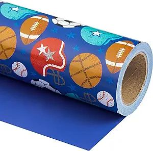 WRAPAHOLIC Reversible Wrapping Paper - Mini Roll - 17 Inch X 33 Feet - Ball Design with Solid Blu... | Amazon (US)