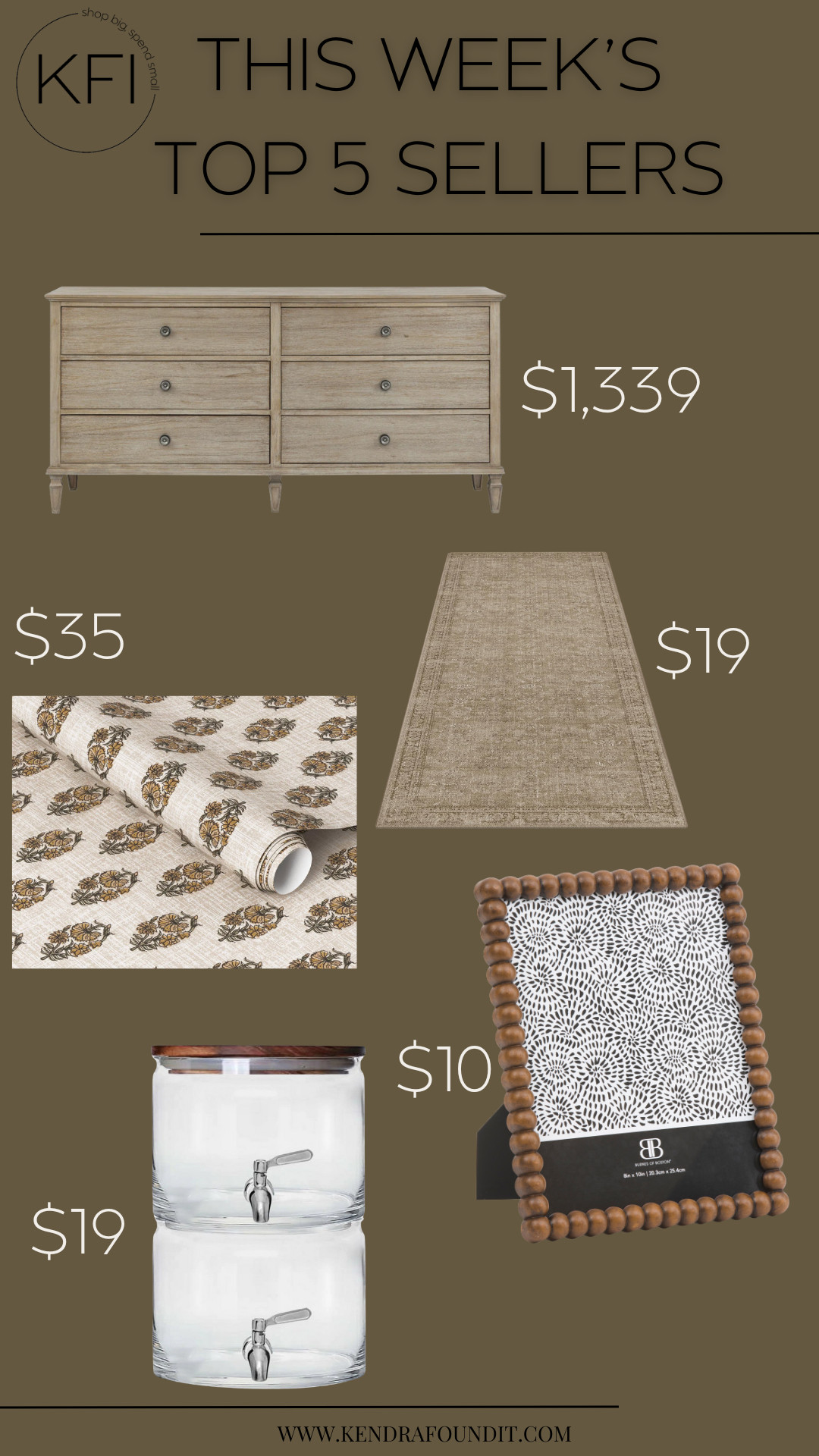 ✨ TOP 5 BESTSELLERS ✨

This week’s favorites are a mix of timeless neutrals, modern organic finds, and budget-friendly staples that look way more expensive than they are. From a stunning 6-drawer dresser that brings quiet luxury vibes (it's a Pottery Barn dupe) to a $10 wood-beaded frame you’ll use in every room—these are the affordable home finds my audience couldn’t get enough of.

Whether you’re decorating your home on a budget or just love a good deal, these picks deliver style without compromise.

Included in this roundup:
– A vintage-inspired neutral hallway or kitchen runner for just $19
– The prettiest floral block print wallpaper for $35 (a favorite for powder rooms + entryways)
– A stackable glass drink dispenser with a wood lid—under $20 and so useful for entertaining
– And that beaded picture frame? A modern organic accent that feels boutique, but is secretly just $10

Perfect for those who love affordable home decor, modern farmhouse styling, and quiet luxury details at approachable prices.

Find all the links + details when you tap to shop. Let’s decorate beautifully, without blowing the budget. 🤎 

 #LTKSummerEdit #LTKHome #LTKSaleAlert