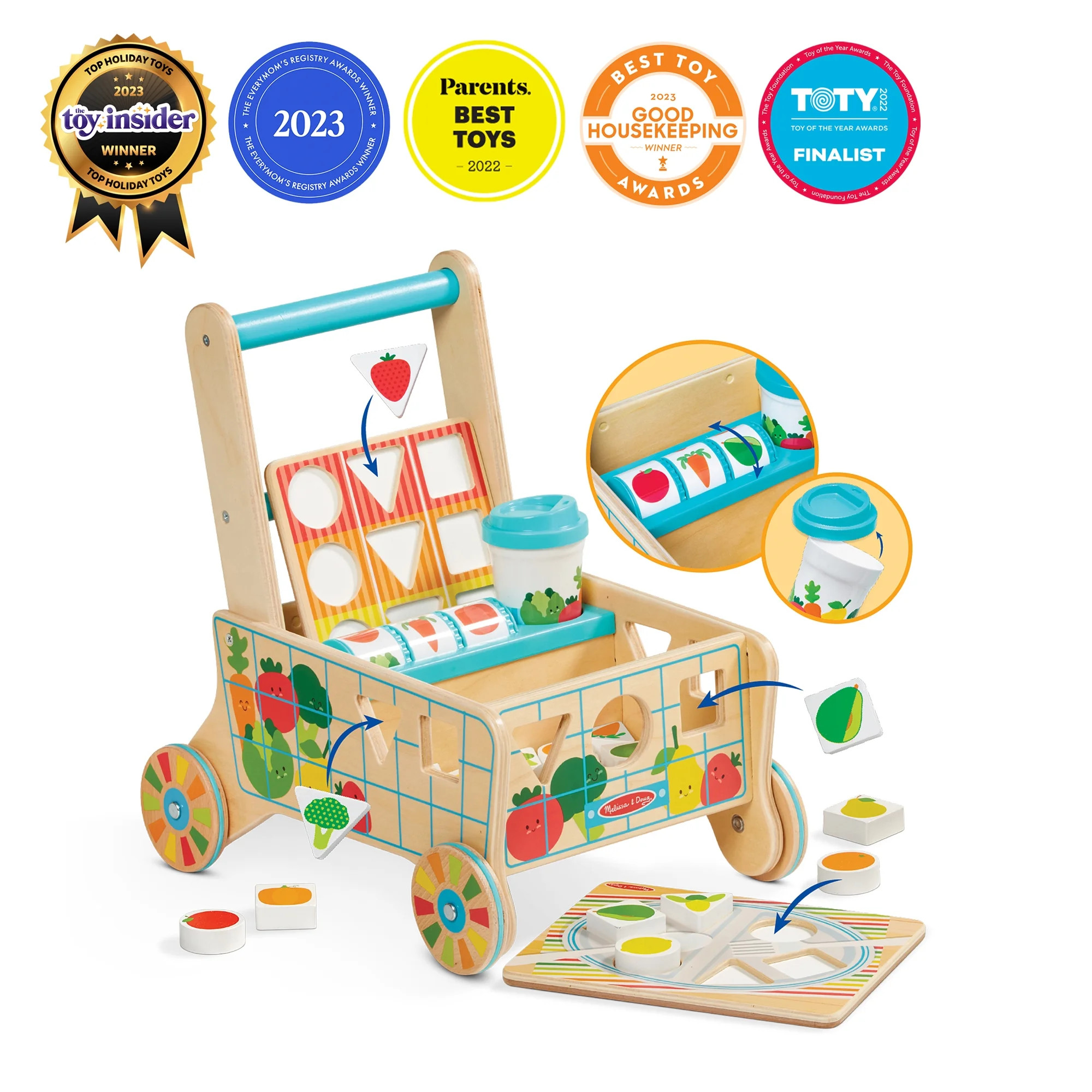 Melissa & Doug Wooden Shape Sorting Grocery Cart Push Toy and Puzzles | Walmart (US)