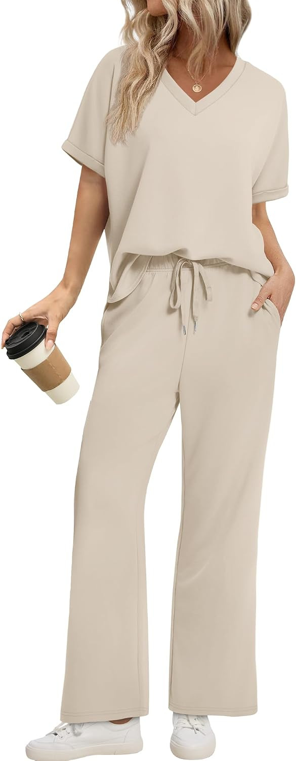Sampeel Lounge Sets for Women V Neck Turn-UP Sleeves Tops Wide Leg Pants 2 Piece Sets Oversized Summer Vacation Outfits 2026 | Amazon (US)