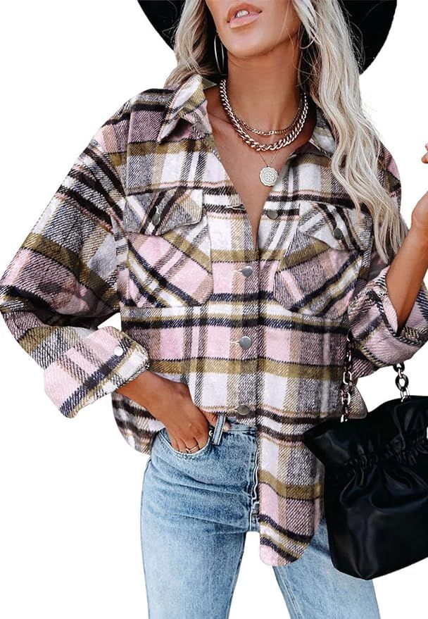 Womens Flannel Plaid Corduroy Shirts Blouse Button Down Blouses Shirts Pink Tunic Top with Pocket... | Amazon (US)
