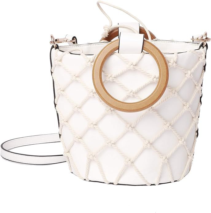 GLITZALL Women Nets Bucket Drawstring Handbags Tote Bag, Retro Wooden ring Handbag with Long Shou... | Amazon (US)